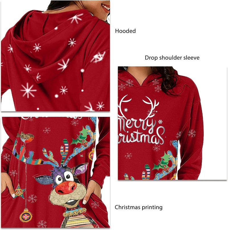 woobles Hoodie Dress, Womens Hoodie Dress Christmas Pattern Print Polyester Casual for Shopping - Image 4